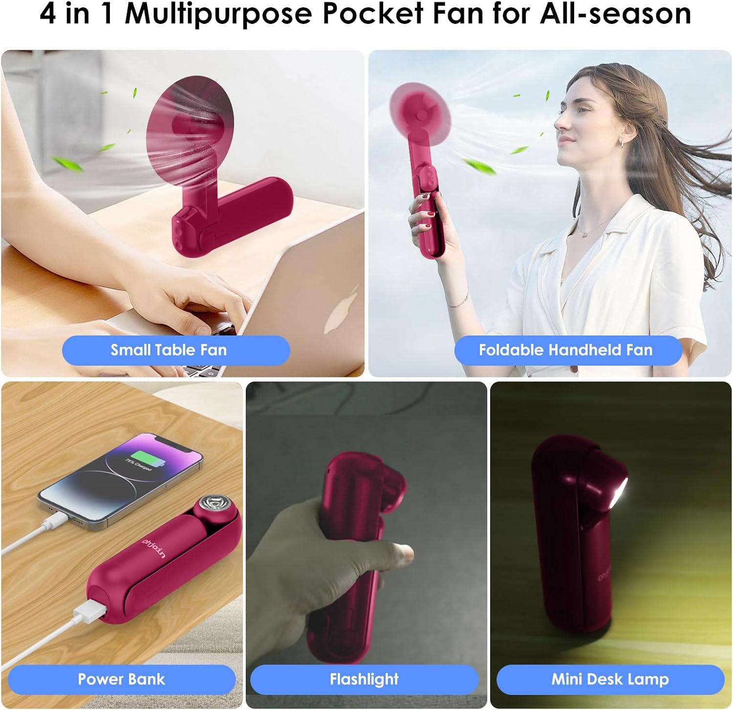 Skiennix 4-in-1 Portable Mini Handheld Fan - USB Rechargeable, Foldable Pocket Design, Ideal for Summer Concerts & Gifts (Red)