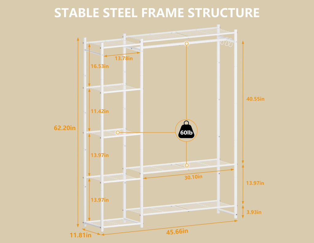 Wardrobe Closet,Portable Clothes Rack with 4 Tiers Shelves,Freestanding Closet Organizers and Storage System with Hanging Rods,Steel Clothing Rack Suitable for Cloakrooms,Bedrooms,Entrances,etc.White