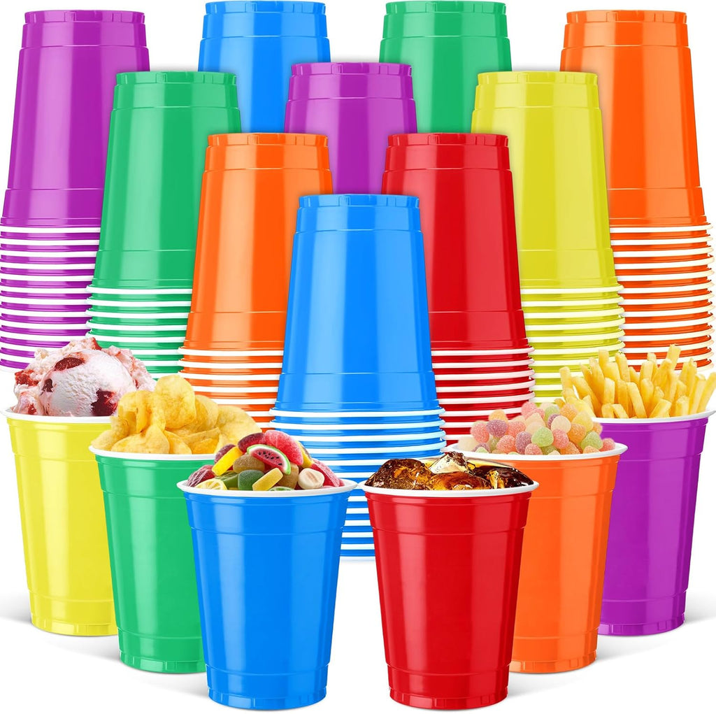 Qinyoung 100 Pcs Rainbow Plastic Cups - 12 oz Disposable Drinking Cups for Parties & Celebrations