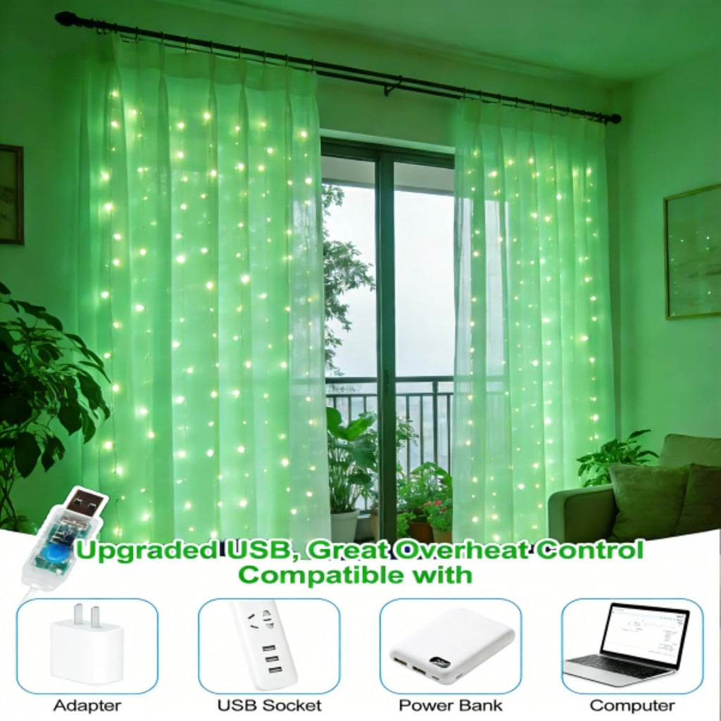 Skiennix 300 LED Fairy Curtain Lights - 9.8 x 9.8FT Green USB Plug with 8 Modes & Remote for Christmas, Weddings, Indoor/Outdoor Decor