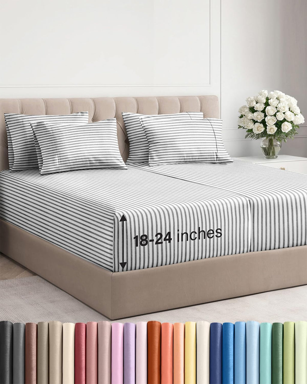 Skiennix Extra Deep Split King Sheet Set - 7 Piece Cooling Bedding - Soft, Wrinkle-Free, Grey Stripes