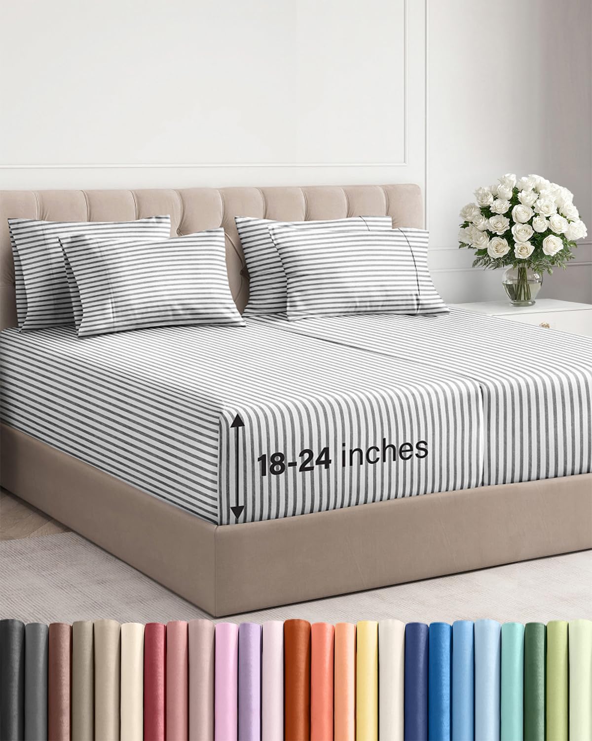 Skiennix Extra Deep Split King Sheet Set - 7 Piece Cooling Bedding - Soft, Wrinkle-Free, Grey Stripes