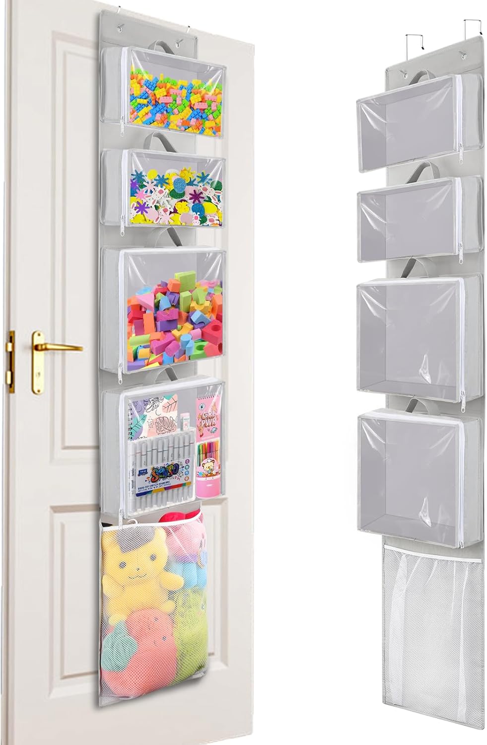 Woodoulogy Hanging Toy Storage - Over Door Stuffed Animal Organizer with 4 Removable Bags | Bi-Fold Closet Holder