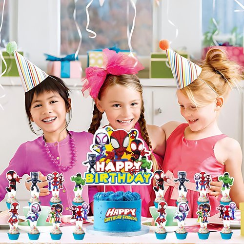 25pcs Spider and His Friends Cake Decorations with 24pcs Cupcake Toppers, 1pcs Cake Topper for Wrestling Birthday Party Supplies