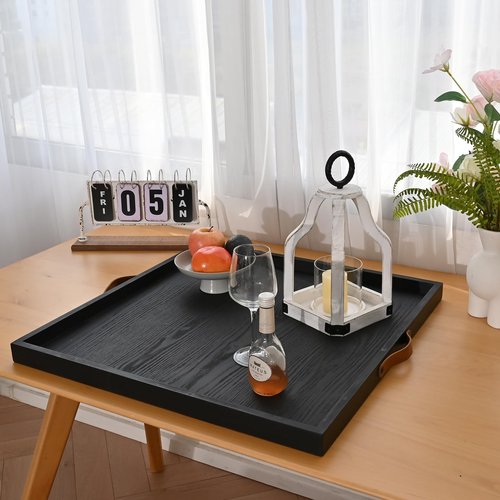 SwallowLiving 24 x 24 Inches Extra Large Square Wood Ottoman Tray with Leather Handles, Wooden Natural