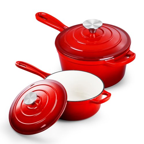 TeamFar 1+2QT Enameled Cast Iron Sauce Pan, Small Sauce Pot with Lid, Mini Dutch Oven Saucepan for Cooking/Simmering/Baking/Boiling, Sturdy & Nonstick, Oven Safe & Fit for Induction - Red