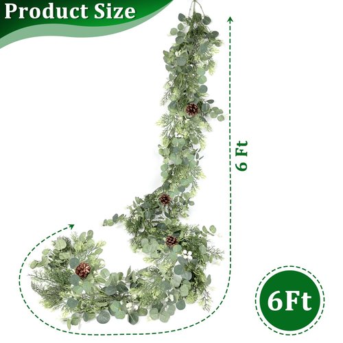 Prelit & Timer - 6 Ft Christmas Garland with Lights, Real Touch Cedar Garland Soft Bendable Thickness Eucalyptus Cypress Pine Garland with Pinecone Berry, Lighted Garlands for Mantle Table Stairs