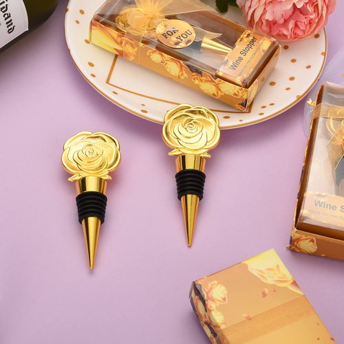 30PCS Golden Rose Flower Wine Stoppers for Wedding,Baby Shower,Bridal Shower or Birthday Party Favors Gifts Souvenirs Decorations Keepsakes for Guests (rose flower theme)