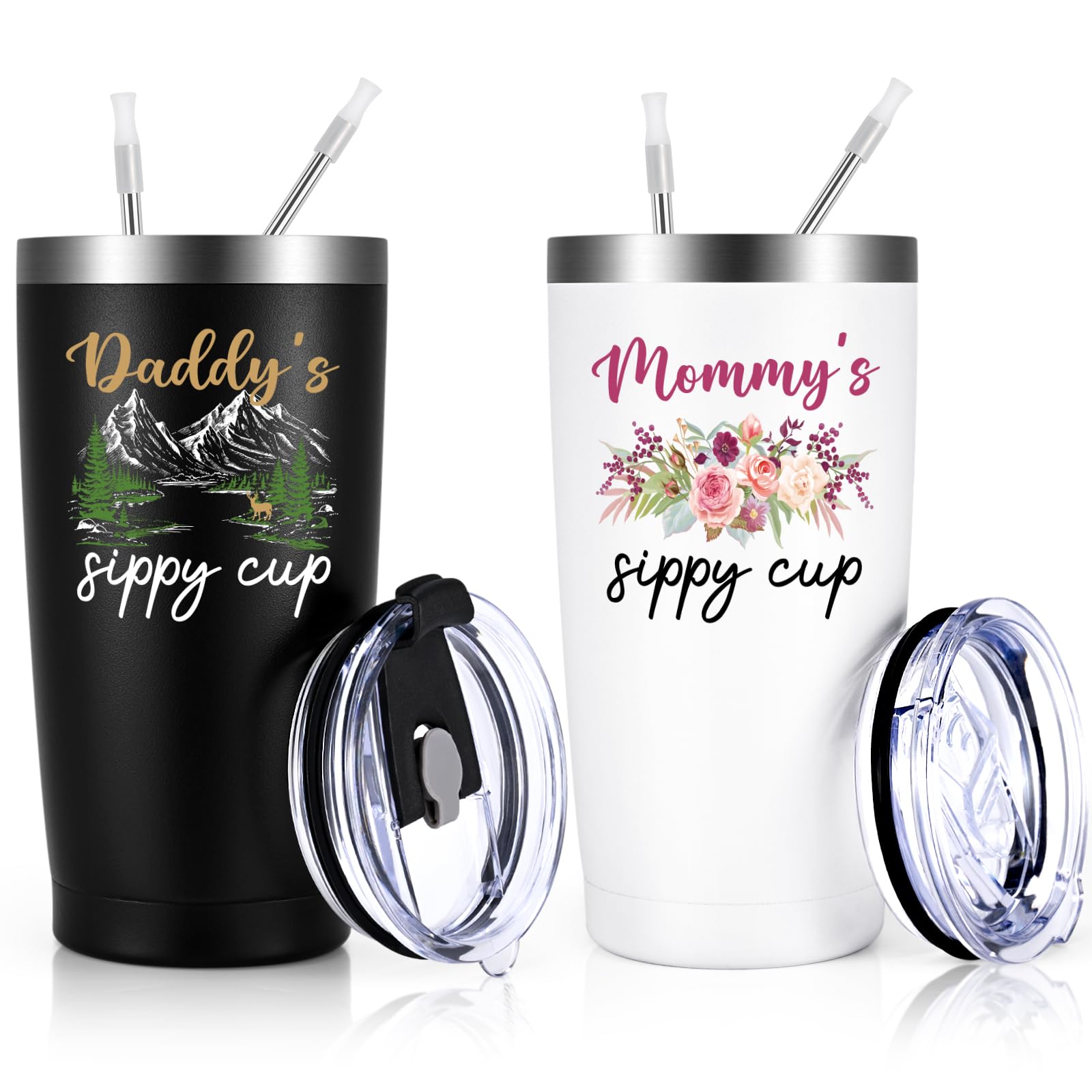 Qtencas New Parents Gifts for Couples, Daddy's Sippy Cup and Mommy's Sippy Cup Tumbler Set, Mom and Dad Gift, Father's Day Thanksgiving Christmas Baby Shower Gifts for First-Time mom and Dad, 20oz