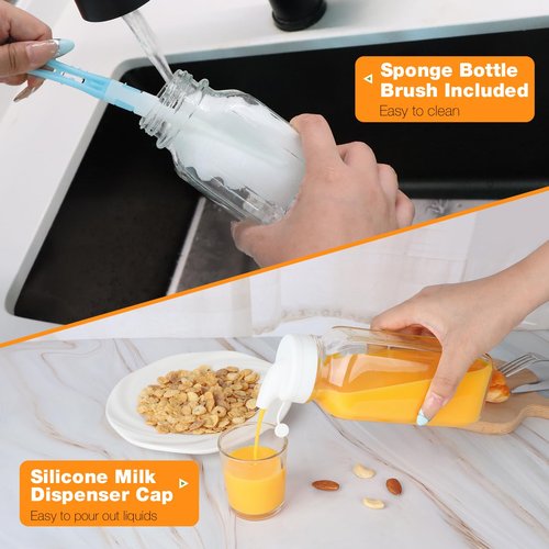 HINGWAH 4 Pack 16 OZ Glass Milk Bottles with Lids, Glass Juice Bottles with Scale & Silicone Pour Spout, Reusable Juice Containers Square Drinking Jars for Milk, Coffee, Smoothies, Water