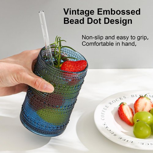 HomeVogue Vintage Hobnail Drinking Glasses Set of 12, 15oz Textured Tumblers - Embossed Blue Bar Glasses for Cocktails, Beer, Whiskey, Dishwasher-Safe Highball Cups for Kitchen, Juice & Mixed Drinks