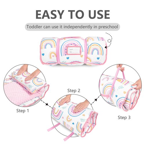 Primlect Toddler Nap Mat Extra Large Thickened 55''x35'', Soft Sleeping Bag with Detachable Minky Blanket and Pillow, Portable for Daycare, Preschool, Kindergarten, Travel, Boys and Girl (Rainbow)
