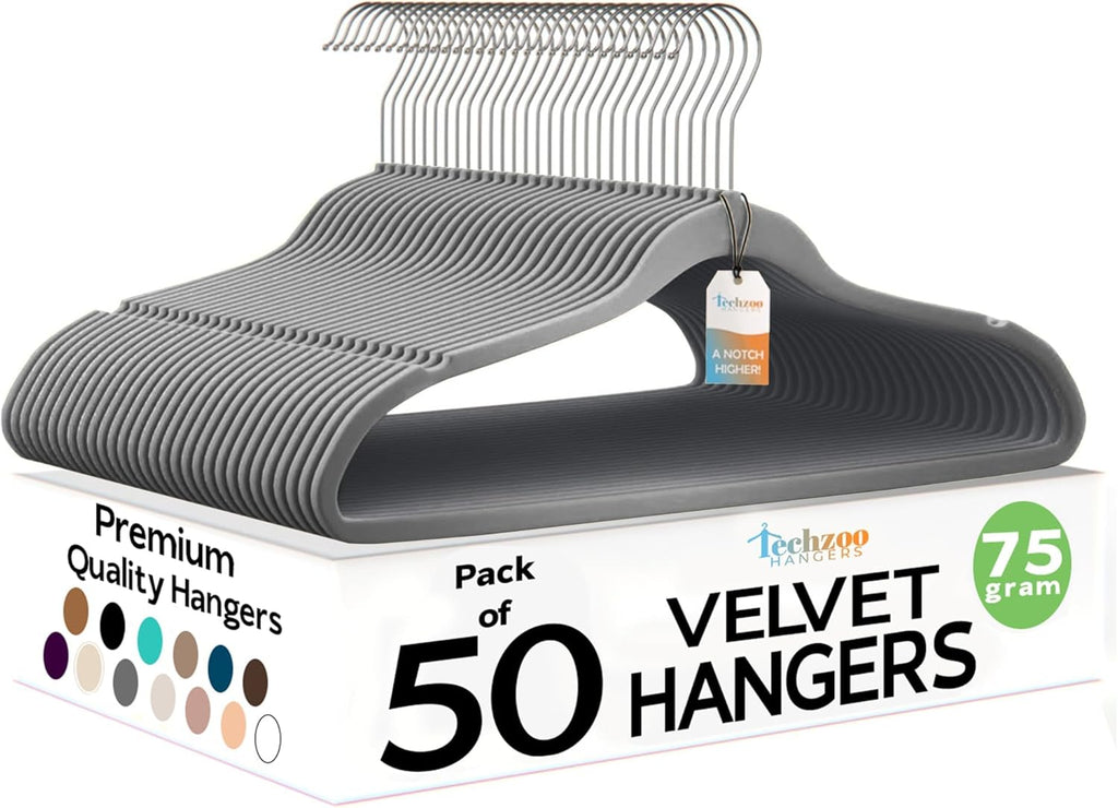 Techzoo Premium Velvet Hangers - 50 Pack Ultra Thin Non-Slip Adult Suit Hangers | Gray, 360° Swivel Hook