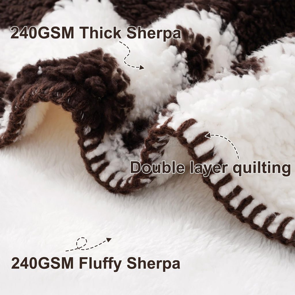 PHF Cute Cow Print Sherpa Blanket King Size for Women Men Adults, Reversible Thick and Warm Blanket for Winter, Ultra Soft Fuzzy Animal Pattern Bedding for Bed Sofa Couch, 108x90, Brown