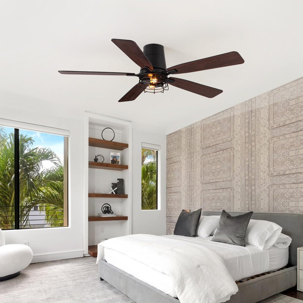 SPACORA 52 Inch Ceiling Fans with Lights, Farmhouse Ceiling Fan with Lights and Remote, Noiseless DC Motor, Black Flush Mount Ceiling Fan for Bedroom Living Room Indoor