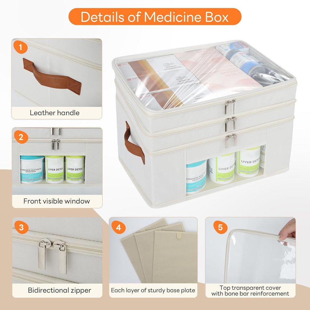 Skiennix 3-Tier Medicine Organizer - Foldable Storage Box with Clear Cover & Leather Handle | Perfect for Home & Travel