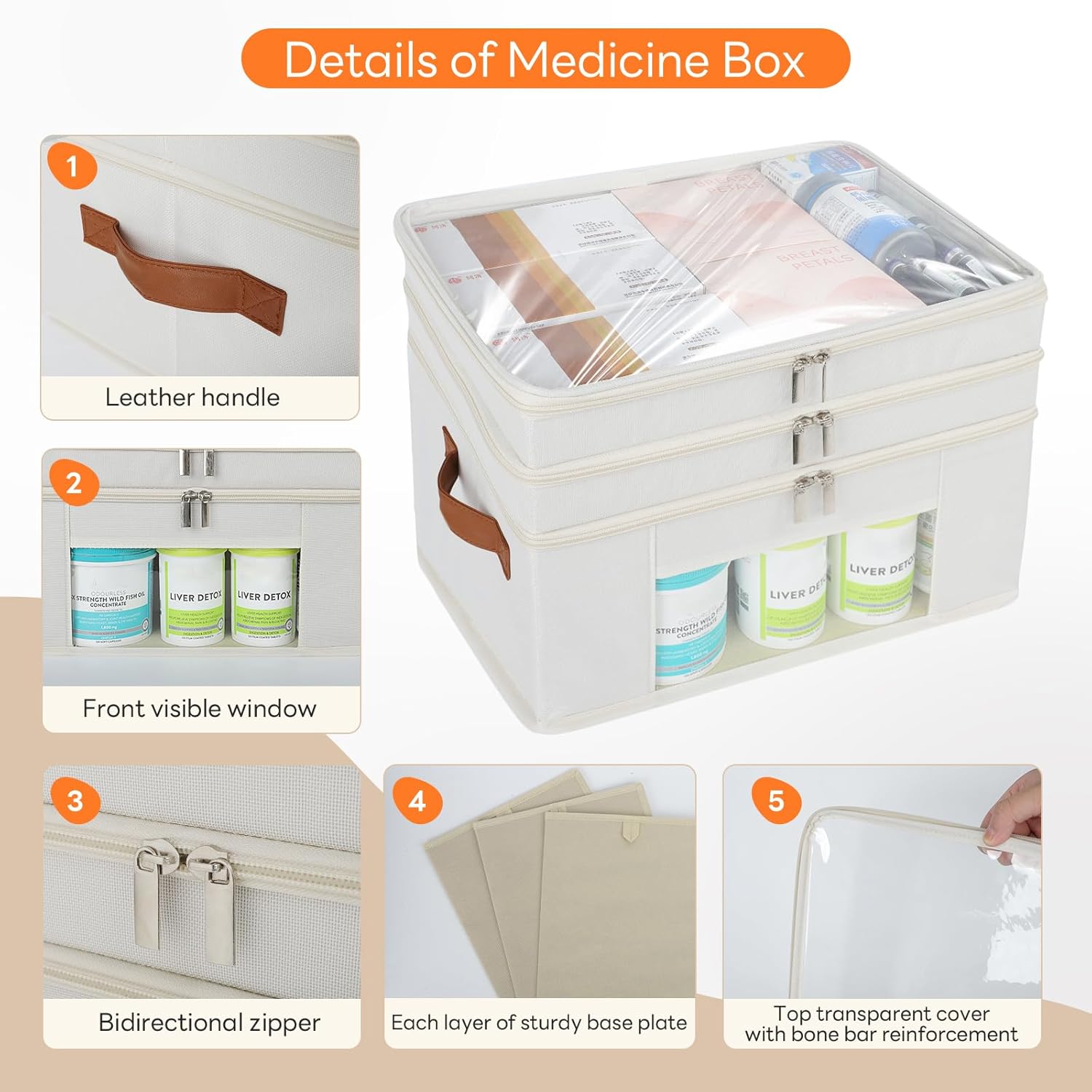 Skiennix 3-Tier Medicine Organizer - Foldable Storage Box with Clear Cover & Leather Handle | Perfect for Home & Travel