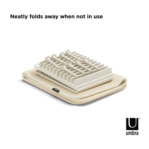 Umbra Udry Dish Rack with Movable Pegs and Microfiber Drying Mat – Space-Saving Design Folds Up for Easy Storage, Basic Rack, Linen