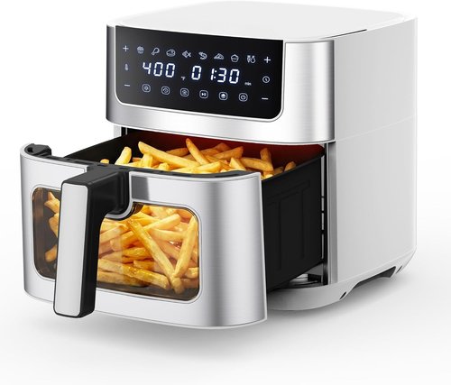 NEWBULIG Air Fryer - 6.34QT Capacity with Visible Window & Fast Heating - Stainless Steel, White