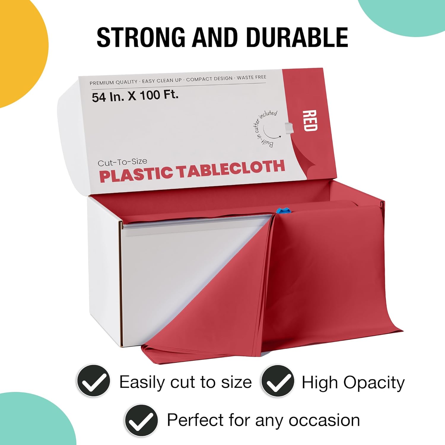Party Solids Red Plastic Table Cover Roll - 54 Inch X 100 Feet with Convenient Slide Cutter