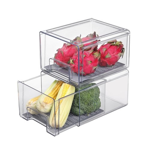 Bronkeeper Pull Out Clear Fridge Organizer Drawers with Drainer, Refrigerator Stackable Storage Bins for Kitchen Fruit & Veggie Organization (2PCS, Large)