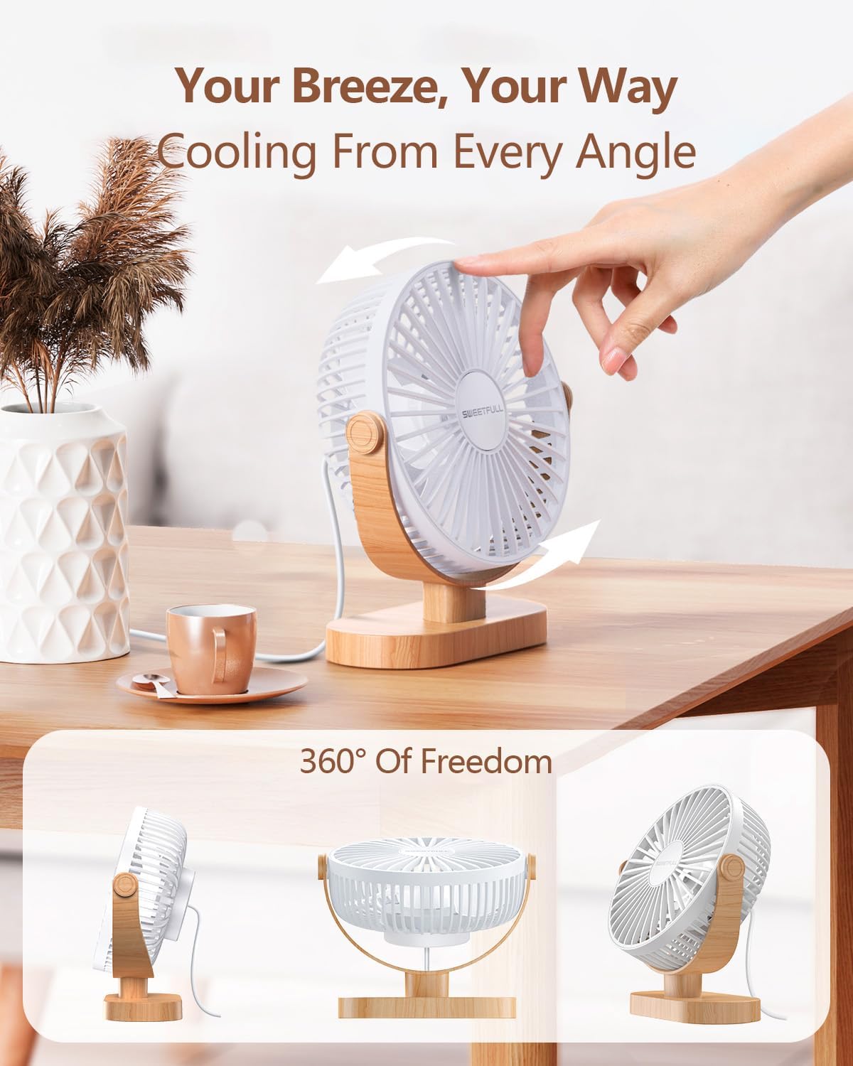 Sweetfull USB Desk Fan - 6.5 Inch Portable Mini Fan with 3 Speeds & 360° Adjustment | Quiet Operation, White Wood Grain