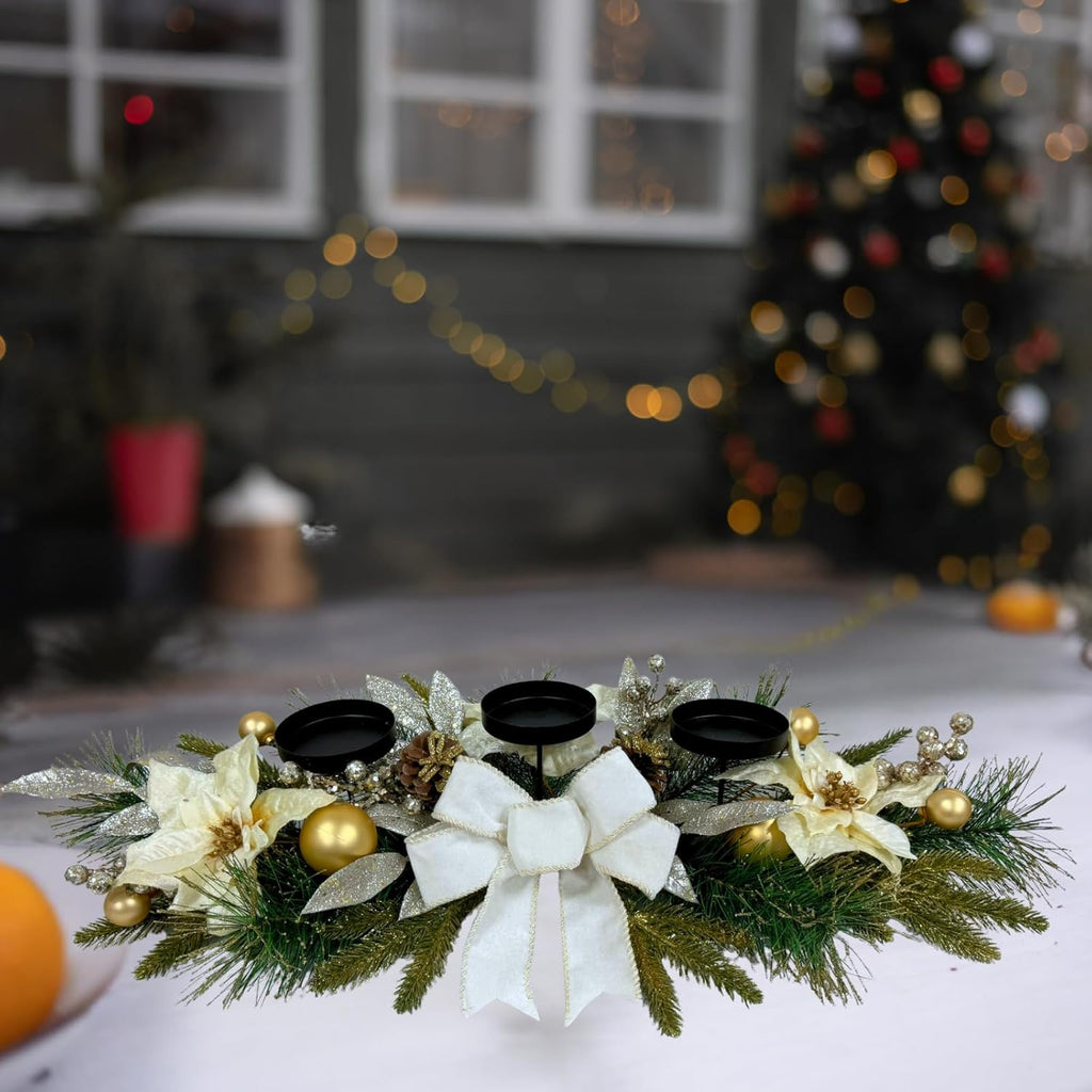 Svndlyn Christmas Candle Holders - Elegant 3-Piece Centerpiece with Poinsettia Flowers & Glitter Pinecones