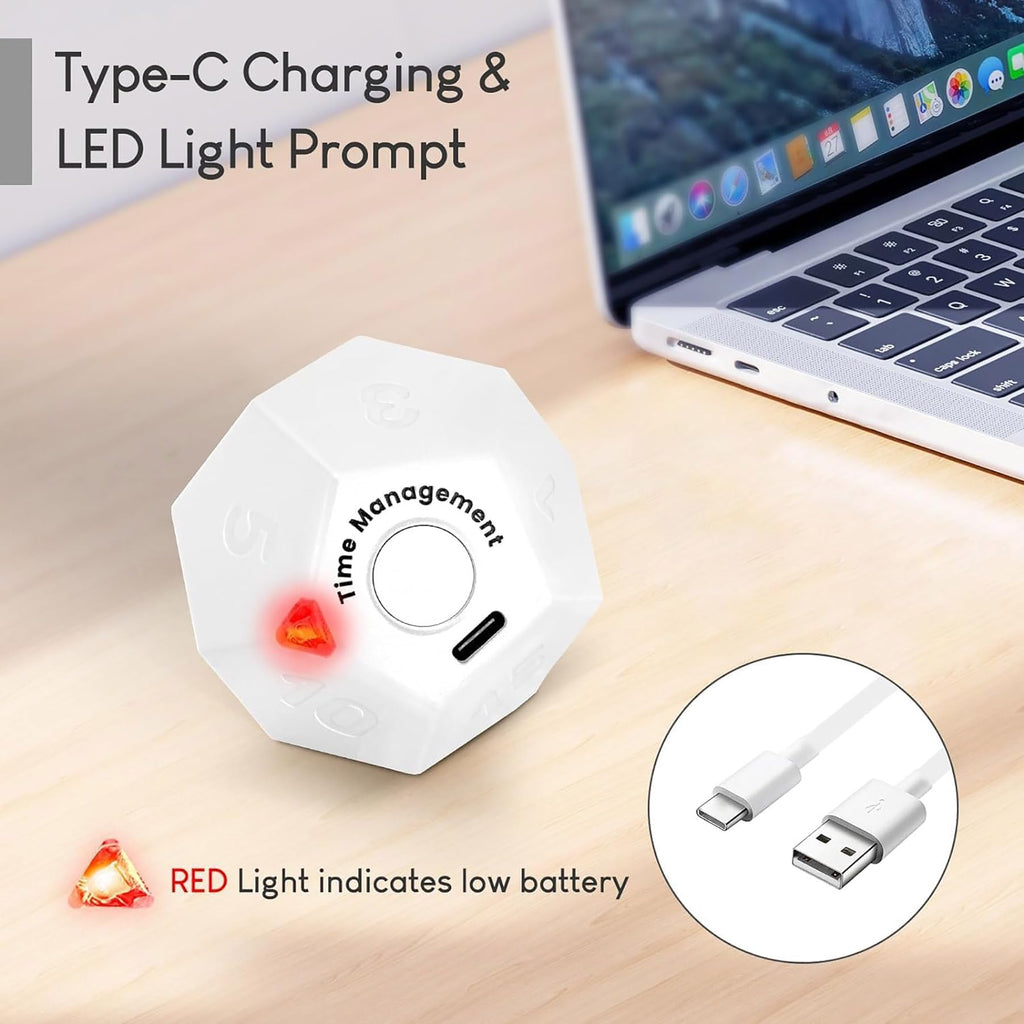 BEBESIRI Mini 12 Sided Cube Timer, 11 Preset Times Pomodoro Timer for Enhanced Productivity. Ideal for ADHD Management, Workout, Study & Kitchen Cooking. Easy to Use（White）