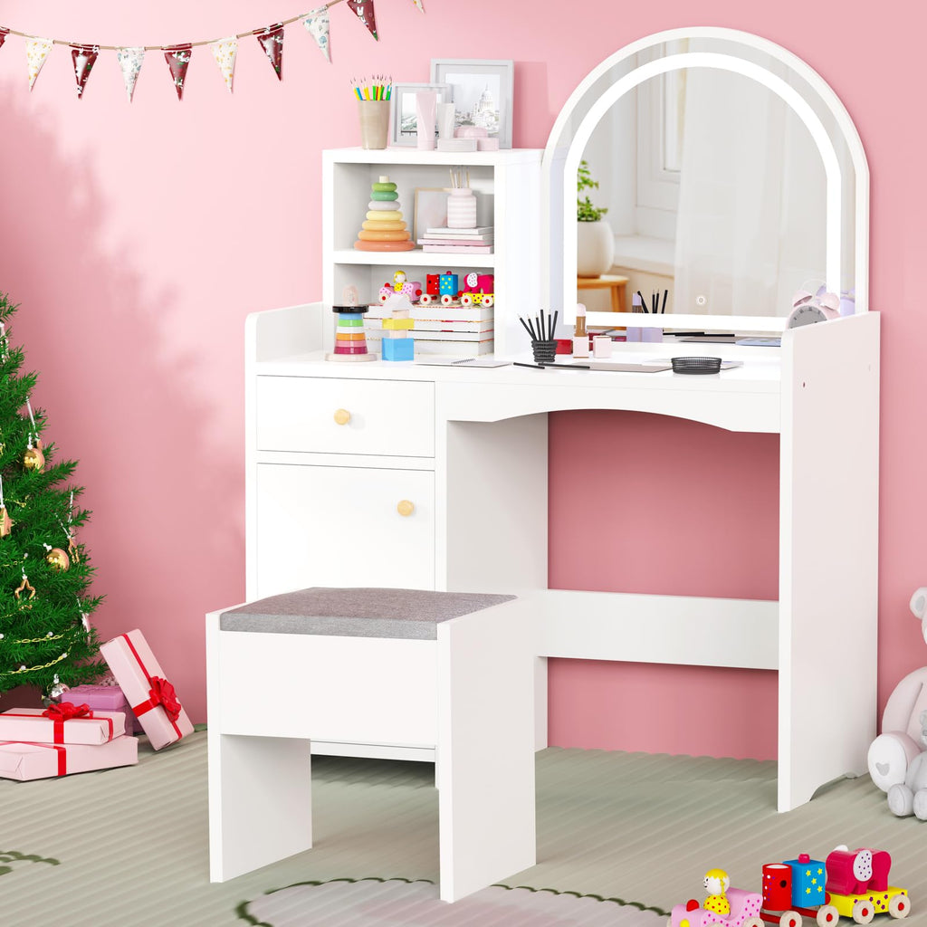 Zupemo Kids Vanity Table and Chair Set with Lighted Mirror, Toddler Vanity for Girls with Stool, Storage Shelves and Drawer, Little Girls Vanity Set with Mirror and Lights, White