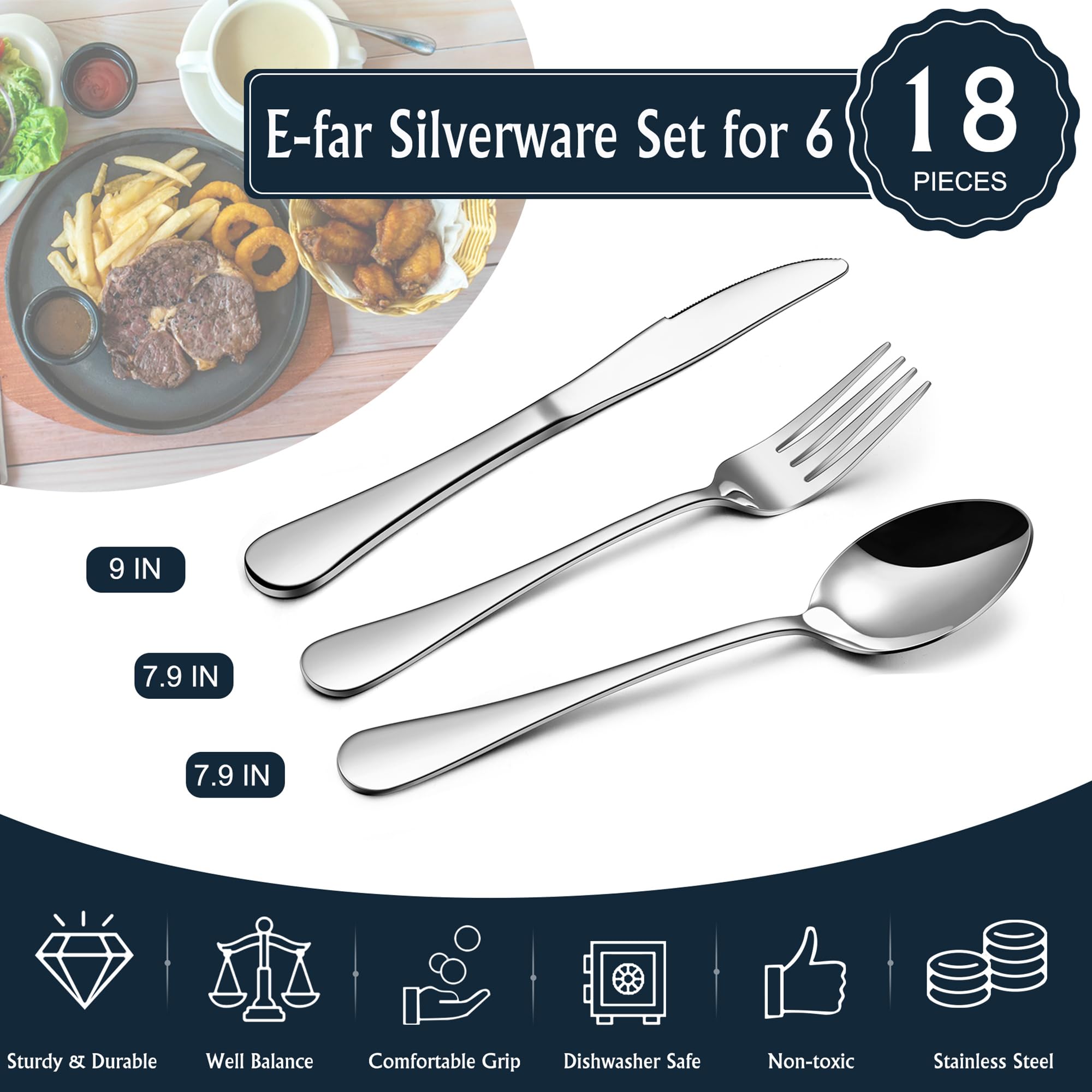 E-far Forks Spoons and Knives Set for 6, 18 Pieces Stainless Steel Silverware Set, Food Grade Flatware Cutlery Sets for Home Kitchen Restaurant, Mirror Finish, Dishwasher Safe