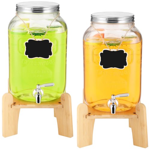 Sliner 2 Pack 2 Gallon Glass Drink Dispenser with Natural Bamboo Stand Glass Beverage Dispenser Water Juice Drink Containers for Parties with Stainless Steel Spigot Hanging Chalkboard