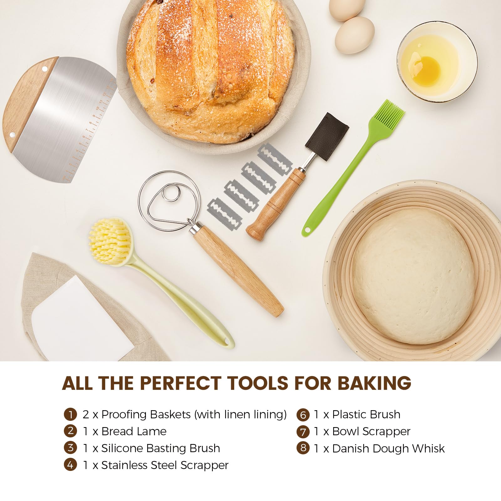 Banneton Bread Proofing Basket - Sourdough Starter Kit Banneton Sourdough Proofing Basket Set of 2, Sourdough Bread Baking Supplies for Making Baking Fermentation (9" Round Set of 2, 6 Accessories)