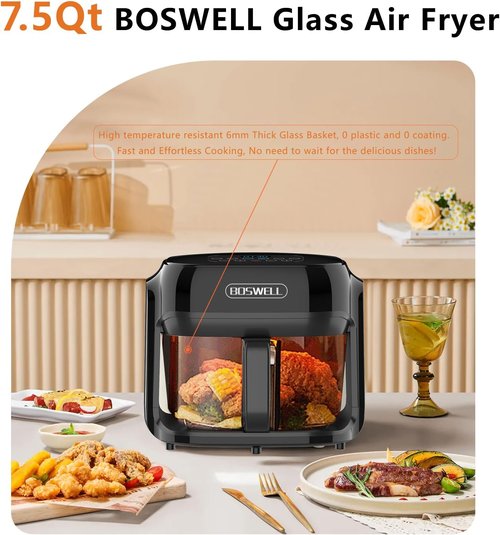 BOSWELL 7.5QT Glass Air Fryer - Transparent Fry Bowl, Temperature Control & Dishwasher Safe Design