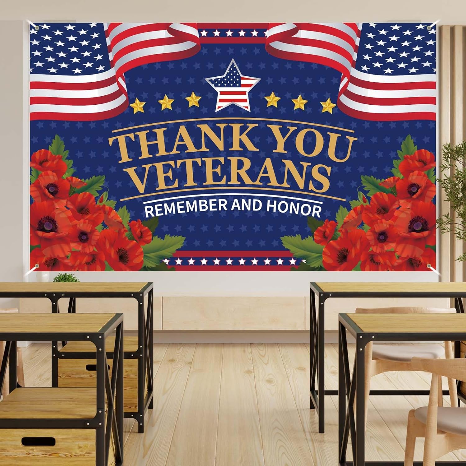 Red Poppies Veterans Day Banner - Thank You Veterans Decorations | 4th of July Patriotic Backdrop