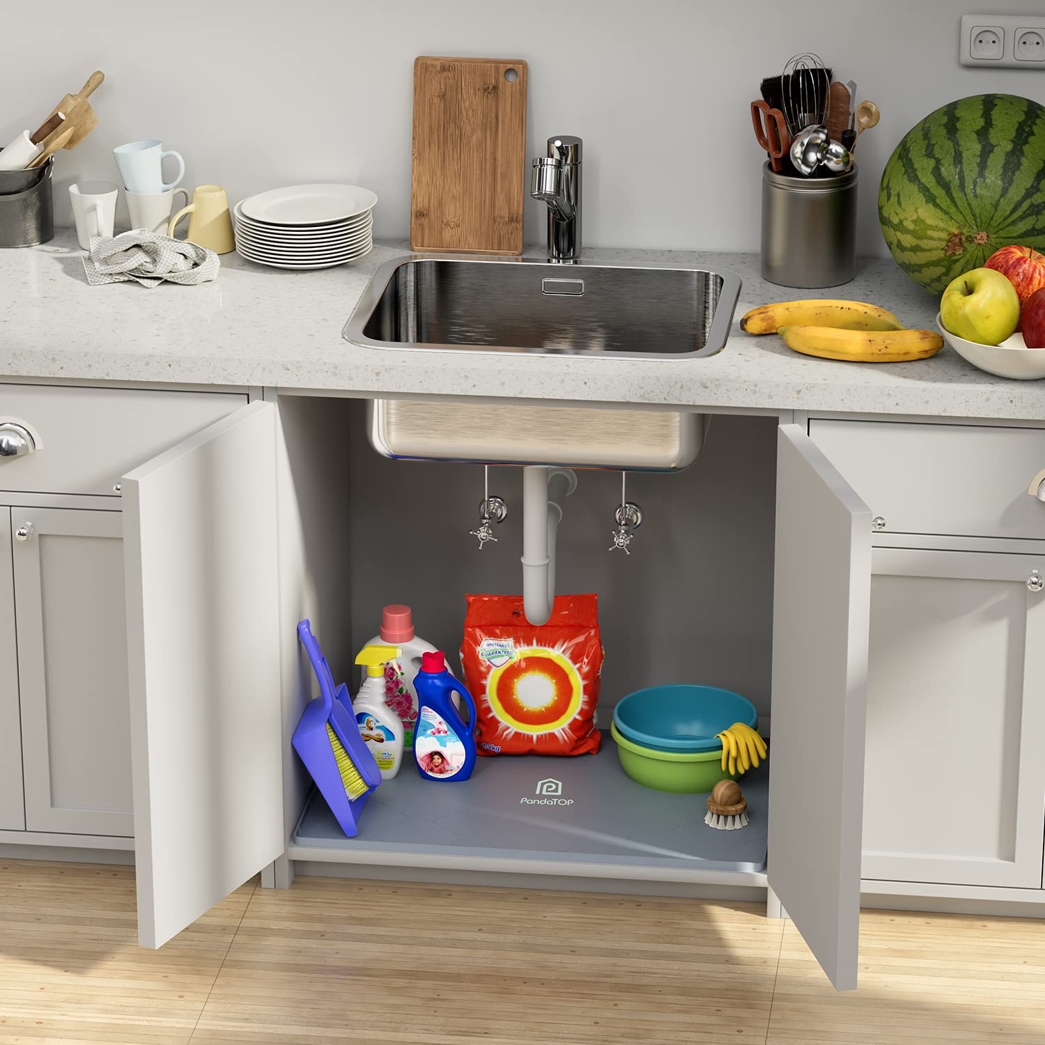 Under Sink Mat, 31" x 22" Silicone Kitchen Cabinet Tray, Waterproof & Flexible Under Sink Liner for Kitchen Bathroom and Laundry Room(Gray)