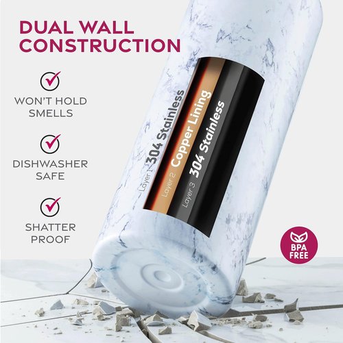 Triple-Insulated Stainless Steel Water Bottles with Straw, 25 Oz Reusable Insulated Water Bottles with 3 Lids, Metal Water Bottle for Travel, School, Sports, Gym/Men, Women & Kids (Marble White)