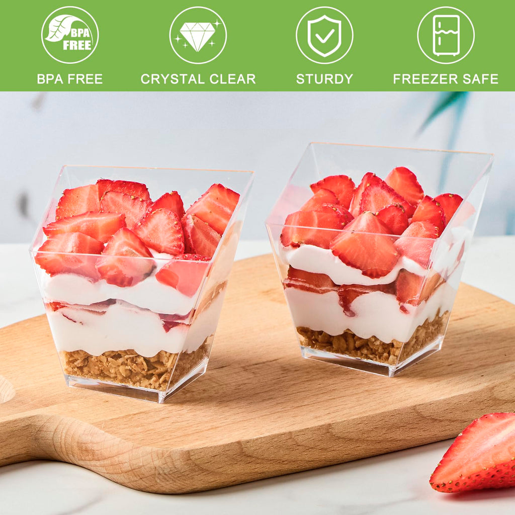 Zezzxu 4 oz Slanted Irregular Dessert Cups with Spoons, 50 Pack Mini Appetizer Cups Small Plastic Party Serving Cups for Ice Creams Mousses Puddings Parfaits Triffles