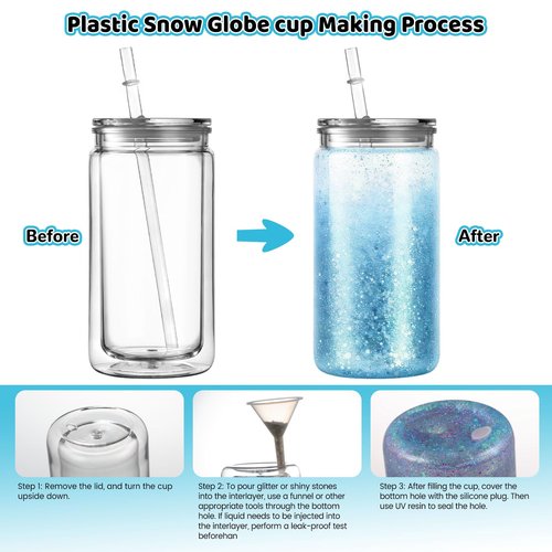 ZONEGRACE 12 Pack 16 oz Acrylic Snow Globe Tumbler Cups, Double Wall Plastic, Pre-Drilled Hole with Plug, DIY Snowglobe Tumbler Supplies Bulk, Clear Mason Jar Style with Lids & Straws