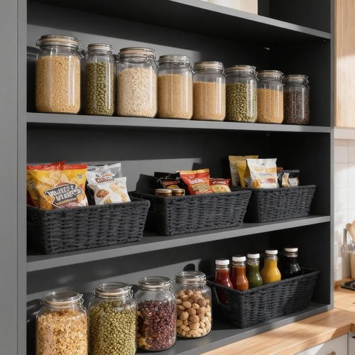 Paper Rope Storage Baskets for Shelves Organizing, Small Hand Woven Wicker Organizer Basket with Handle for Bathroom Toilet Paper Storage, Black, 3-Pack