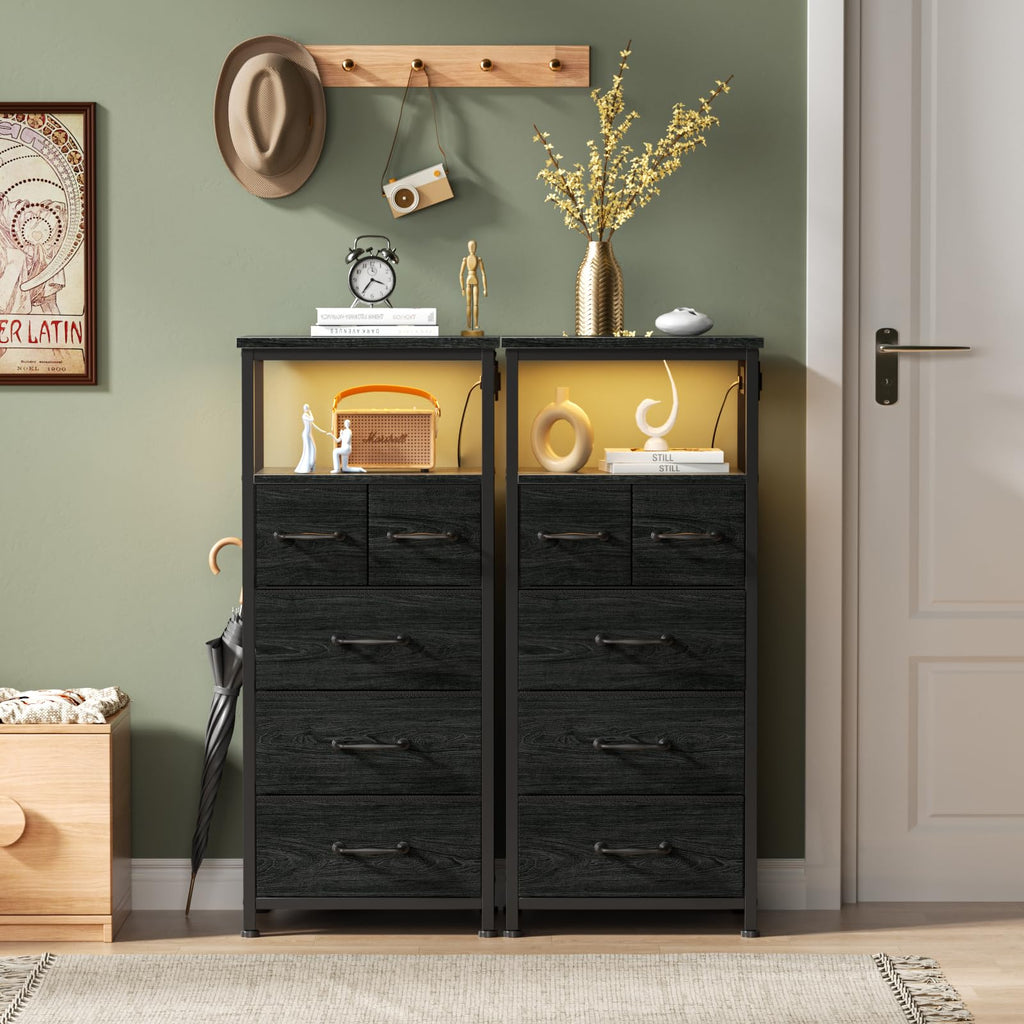 Furnulem Dresser for Bedroom, Tall Nightstand, Vertical Chest with Wood Top, Charging Station, LED Lights, 5 Fabric Bins, Bedside Table with Shelf, Furniture for Entryway (5 Drawer, Black Oak)