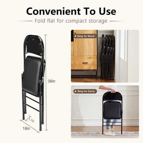 DUMOS Leather Padded Folding Chairs - Portable Stackable Steel Frame Seats for Home & Office | Black, 2 Pack