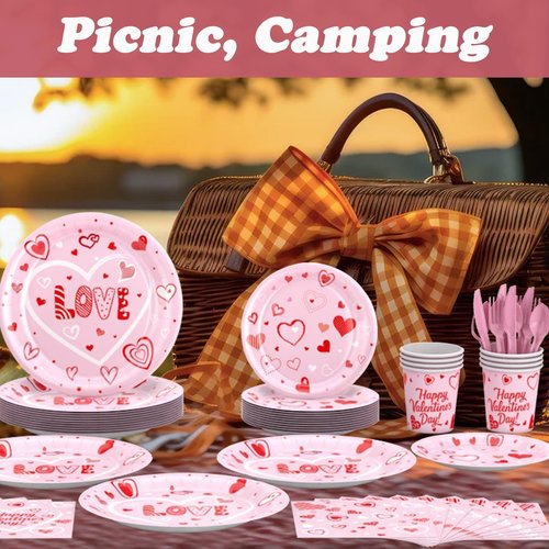 JIEFULL 112 Pcs Valentine's Day Party Tableware, Hot Heart Love Disposable Paper Party Plates and Cups and Napkins Sets Serves 16 for Wedding, Gatherings, Engagements, Anniversary Party Supplies(Pink)
