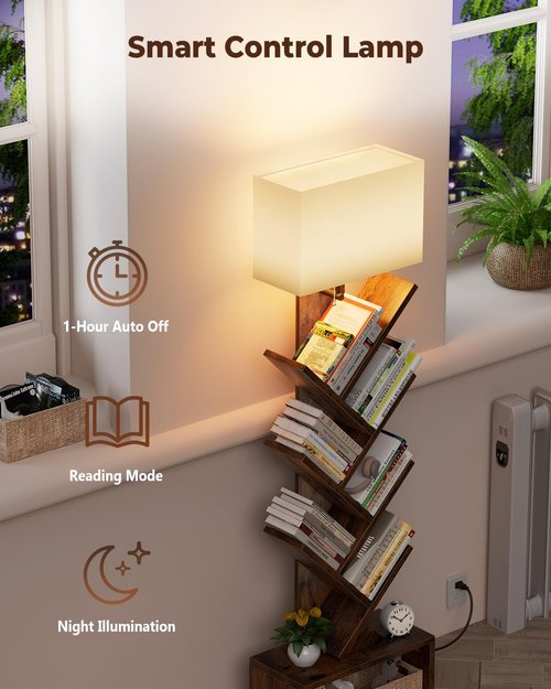 Evermagin 6 Tier Tree Bookshelf with Smart Light, Small Bookcase Tower with Remote Control, Tall Floor Standing Book Organizer for Living Room, Bedroom & Home Office, Rustic Brown
