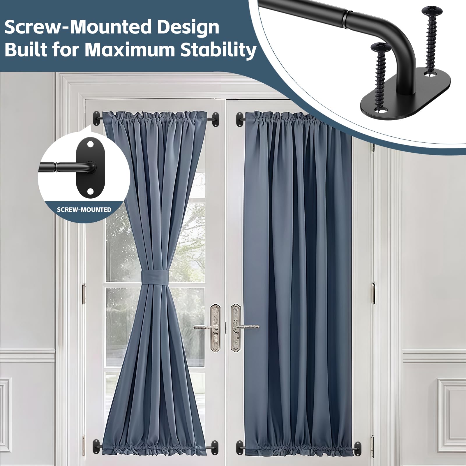 OICIPT 2 Pack French Door Curtain Rod, Screw-Mounted Sash Rods Adjustable 18–30 Inch, 1/2" Diameter Wrap Around Curtain Rods for Doors & Small Window, Black