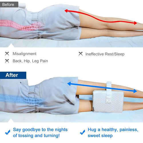 KingPavonini Cooling Knee Pillow for Side Sleepers, Gel Memory Foam Leg Pillows for Side Sleeping with Ice Silk Cover and Strap, Knee Pillow for Back Hip Pain, Spine Aligning, Sciatica, Pregnancy