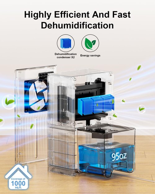 POOYUPPC Dehumidifier for Home, 95 OZ Water Tank, (1000 sq.ft) Dehumidifiers for Bathroom Bedroom Basement RV with Drain Hose, Auto Shut Off White