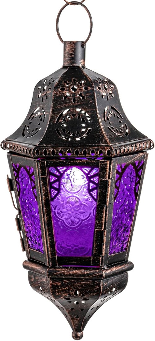 Needomo Moroccan Lantern - 13.5'' Vintage Metal Candle Holder with 14.8'' Chain | Indoor/Outdoor Decor (Purple)