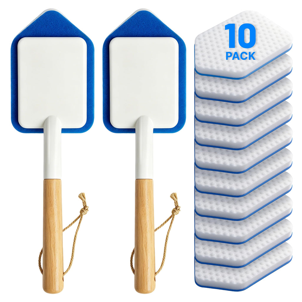 Tub Tile Scrubber Brush – 2 Pack with Wooden Handle, Includes 10 Melamine Sponge Eraser Heads | Non-Scratch Cleaner for Bathtub, Shower Wall, Grout, Kitchen Sink