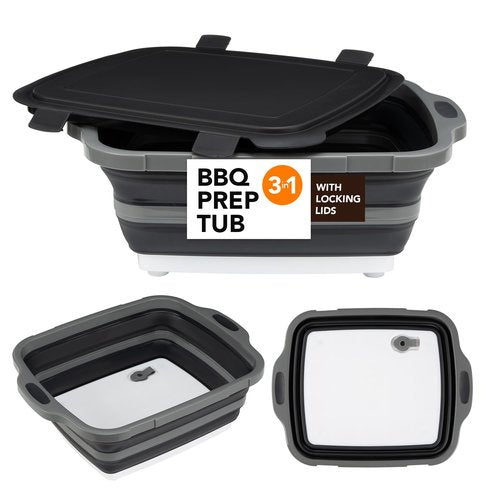 Collapsible Cutting Board(2.11 Gal/8L), BBQ Prep Tub with Locking Lid, Foldable Camping Sink with Colander, Multifunction Dish Basin for Kitchen, Bowl, Vegetable and Fruit, Storage Basket for Picnic