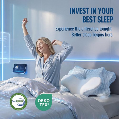 Cervical Neck Pillow - Memory Foam Pillow for Pain Relief Sleeping, Ergonomic Neck Support Contour Pillows for Side Back Stomach Sleepers,Orthopedic Breathable Pillowcase (Blue White)